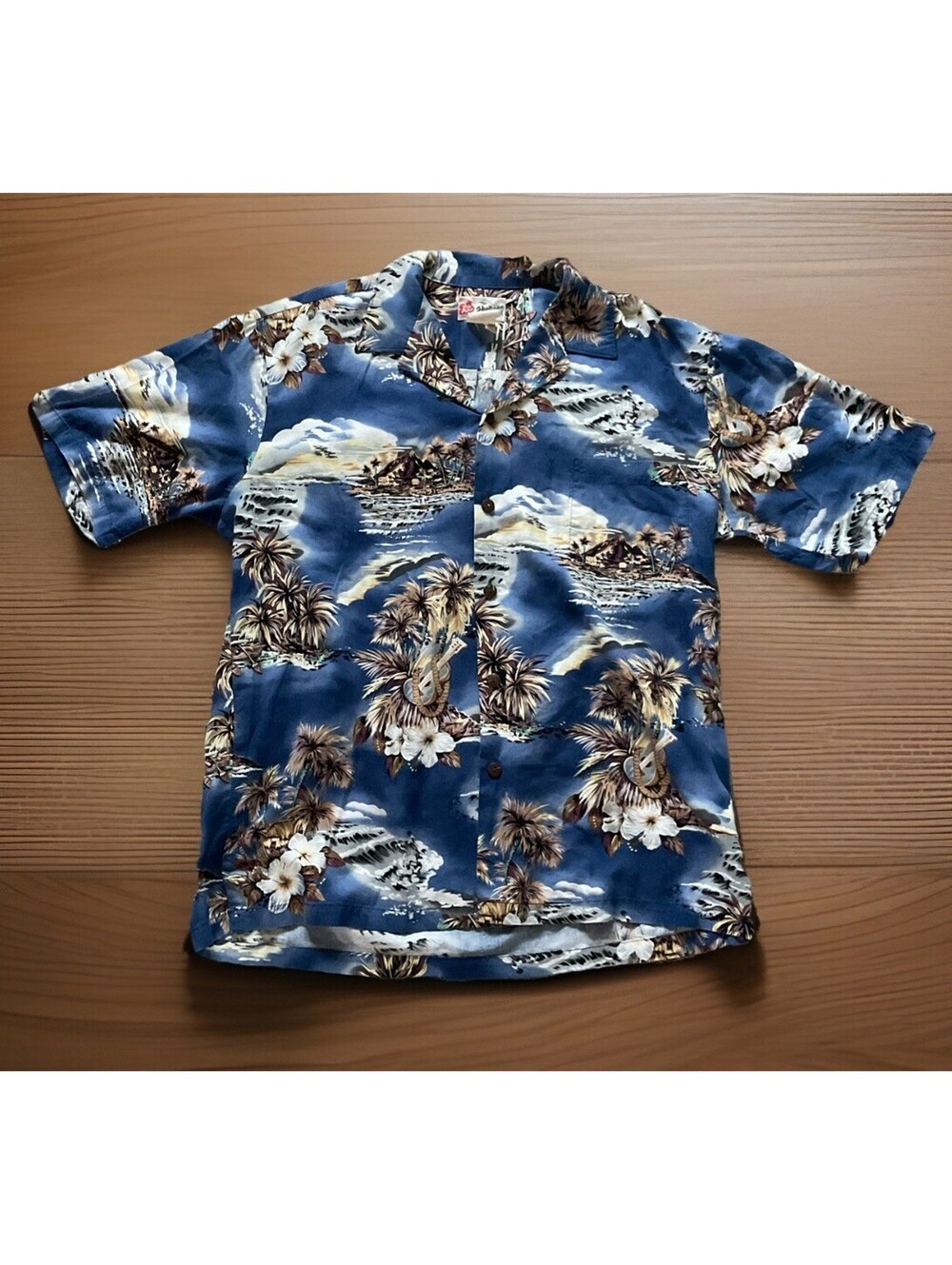 Hilo Hattie Original Hawaiian Shirt Mens Mountains Palm Tree Print Blue SZ L